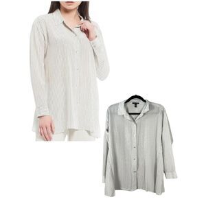 Eileen Fisher 100% Silk Stripe White Blue Button Long Sleeve Blouse Petite 2 - 4